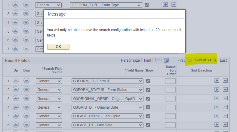 A screenshot showing a warning that tells users of a field limit in Search Configuration