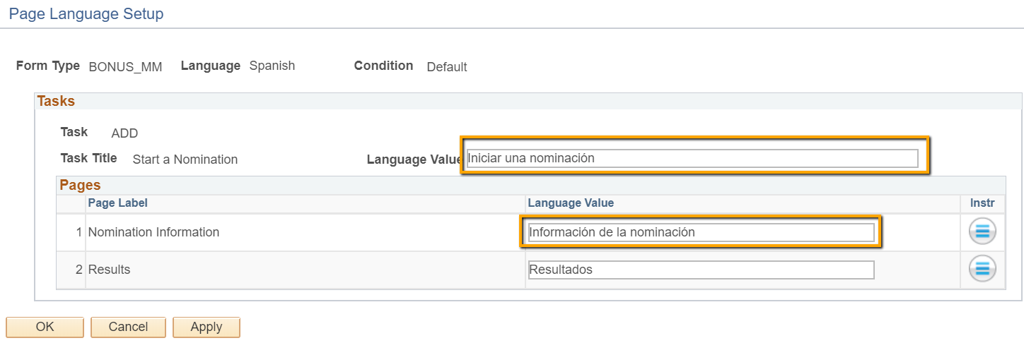 A screenshot of the menu that allows users to provide translations for page elements in the &#39;Page Language Setup&#39; menu