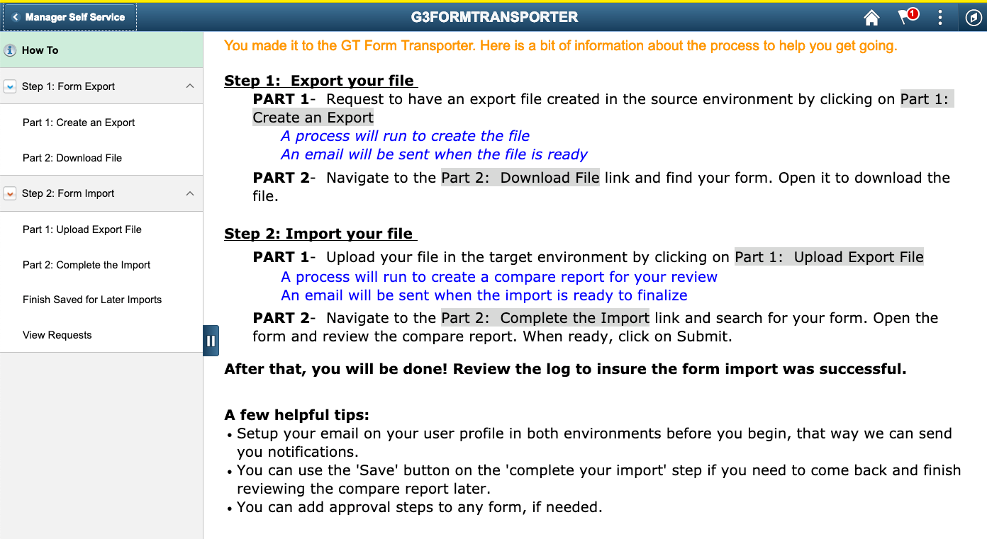 A screenshot of the GT Form Transporter menu