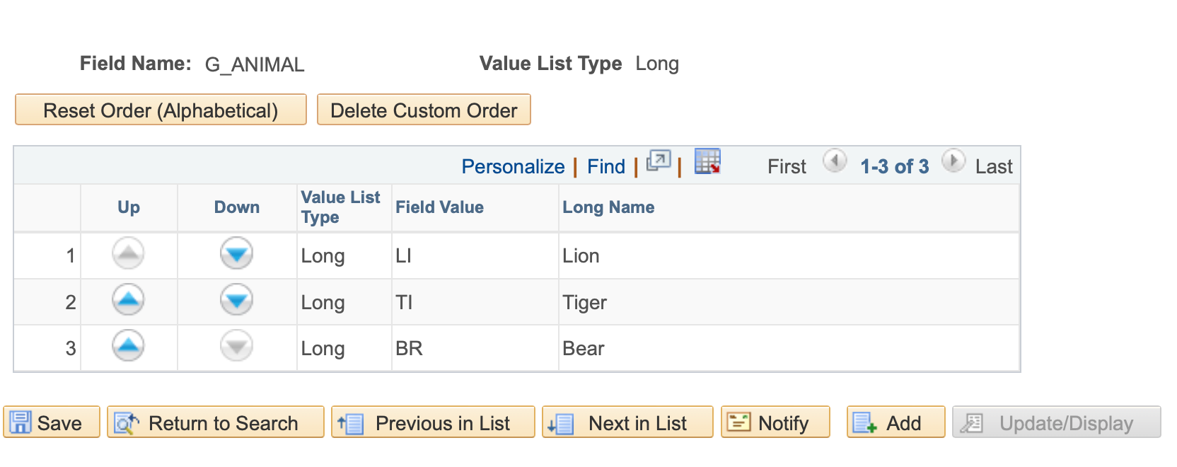 Screenshot of the value list page