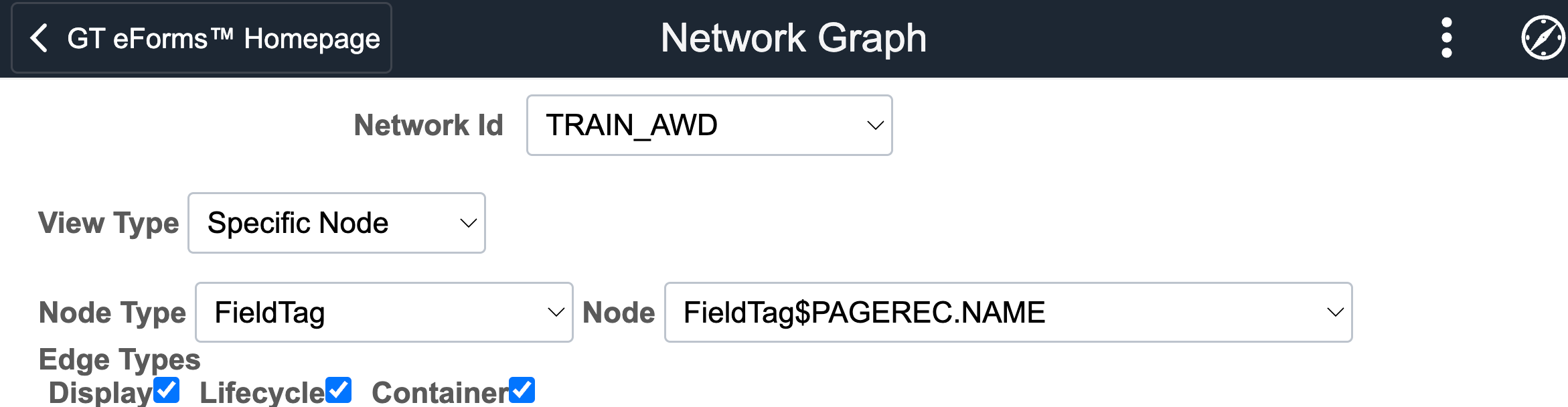 A screenshot of the changeable parameters that appear at the top of the Network Visualizer page