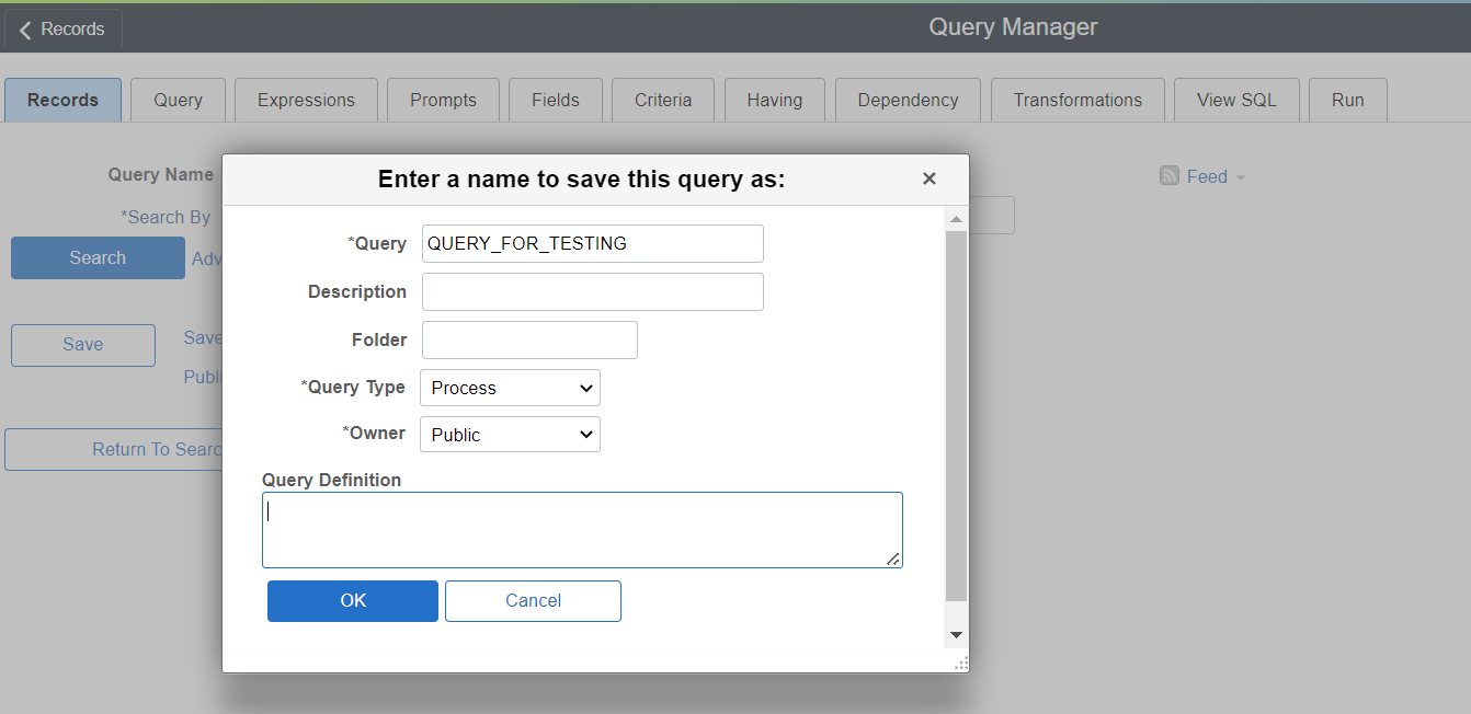 A screenshot of the window to save a query