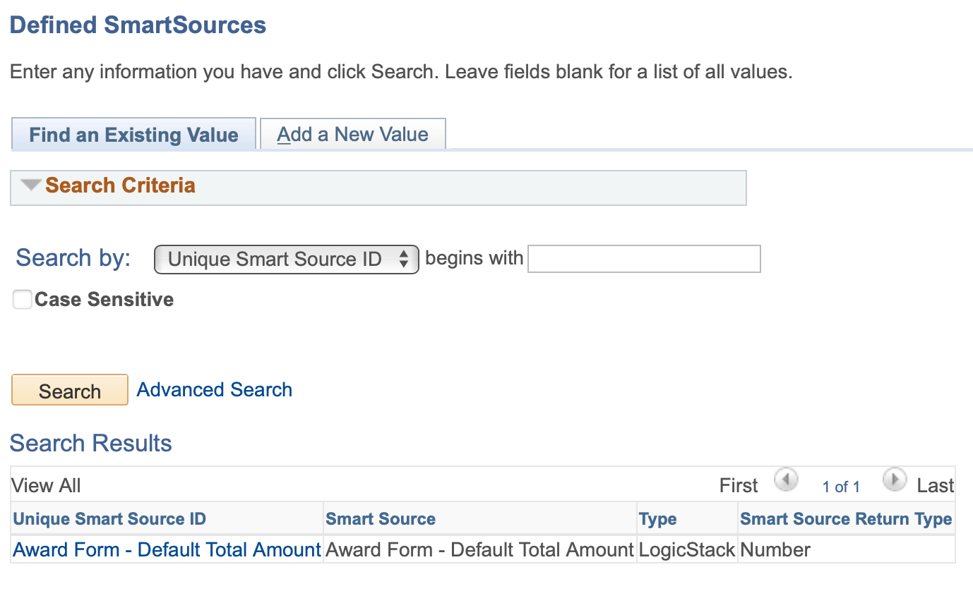 A screenshot of the search page for the Defined Smart Sources tool