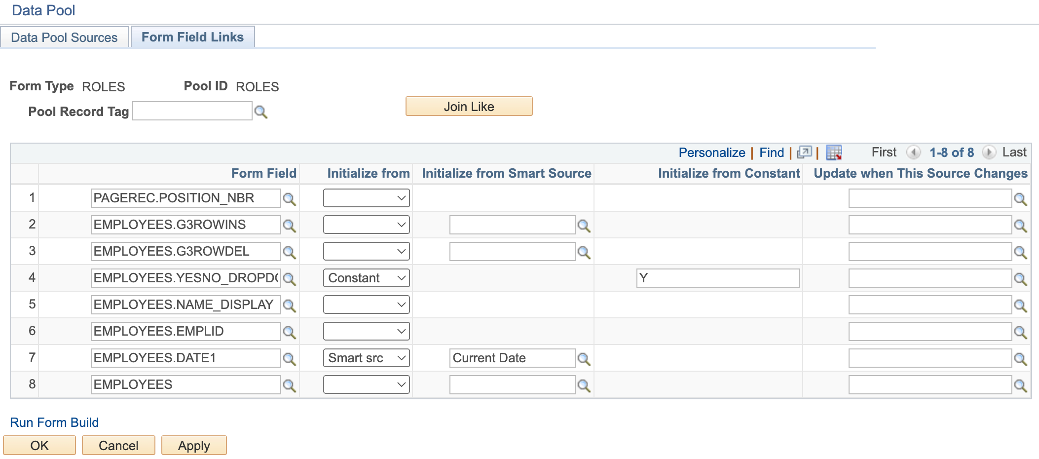 A screenshot showing a &#39;Form Field Links&#39; menu with grid fields configured to initialize from the Data Pool