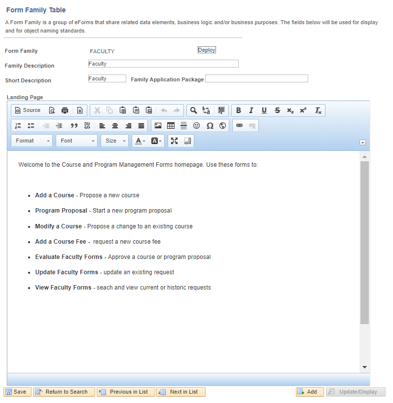 A screenshot of the form family table with landing page details