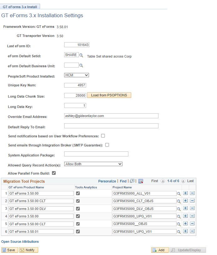 Screenshot of GT eForms Installation Settings