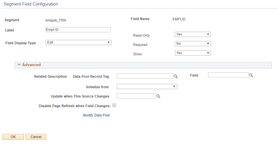 A screenshot of the segment field configuration menu