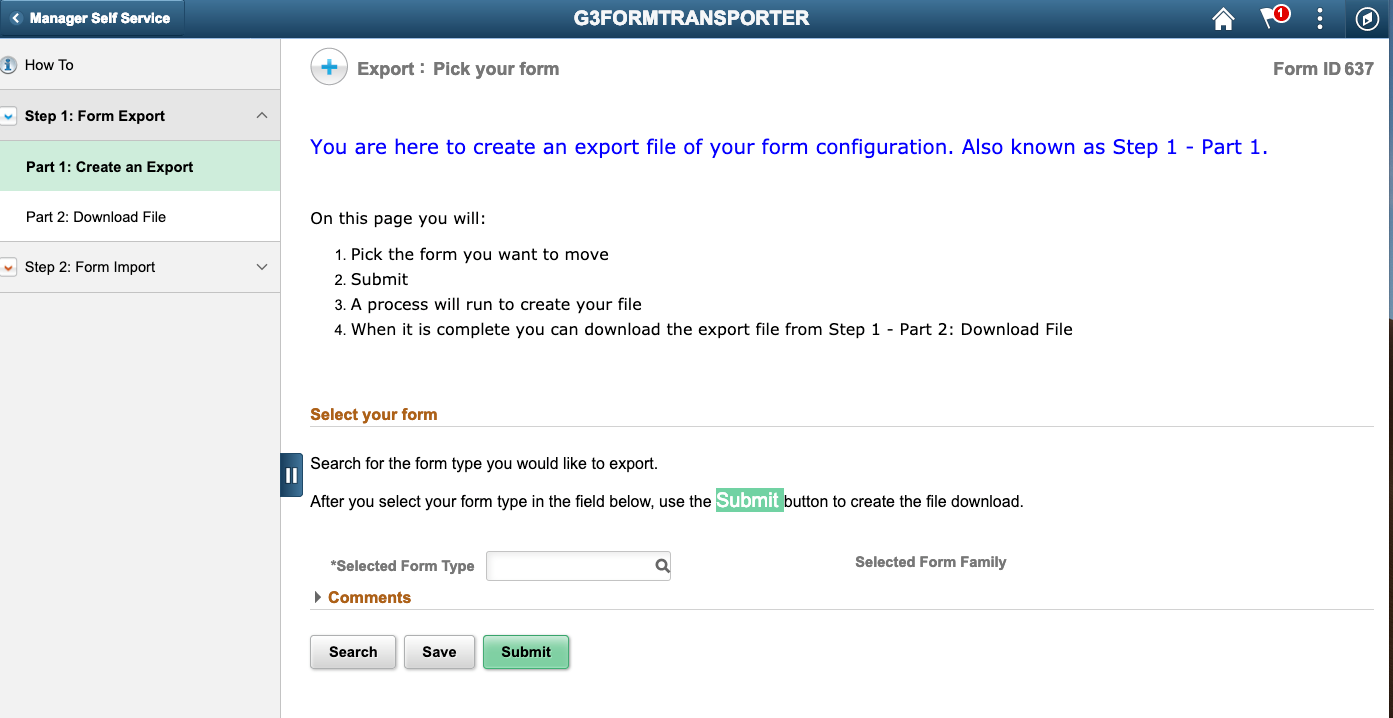 A screenshot of the &#39;Create an Export&#39; menu of the GT Form Transporter