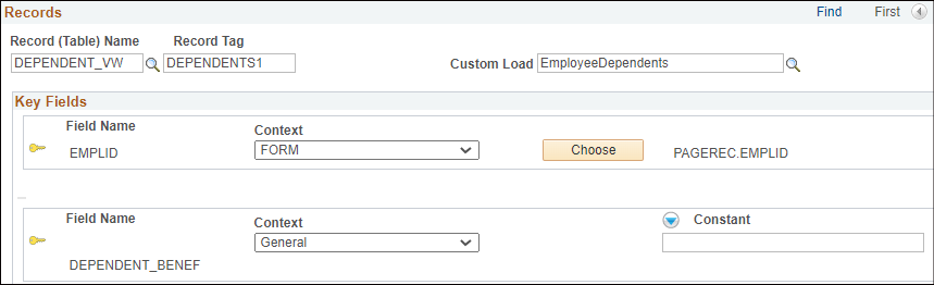 A screenshot of the Data Pool menu showing a Data Pool record with a Custom Load called &#39;EmployeeDependents&#39; in the &#39;Custom Load&#39; field