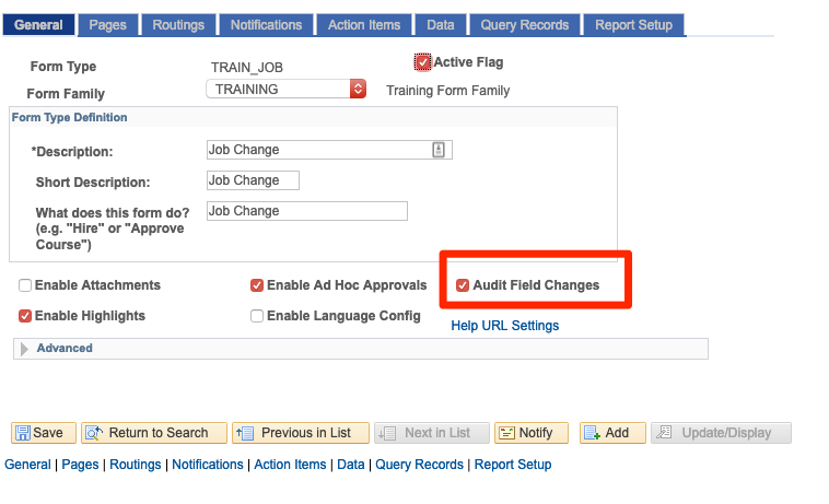 A screenshot with the &#39;Audit Field Changes&#39; checkbox highlighted in Form Setup