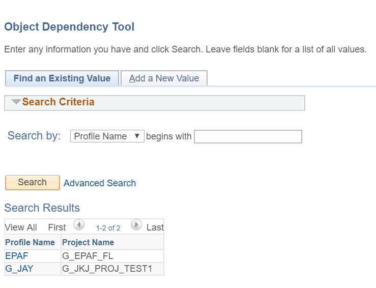 A screenshot of the search page that appears for the Object Dependency Tool