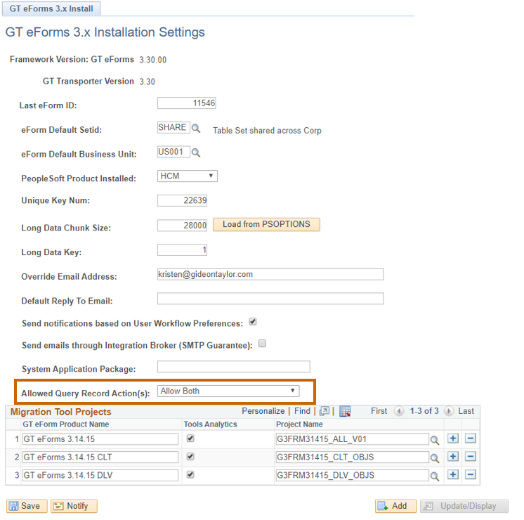 A screenshot of the Form Installation Table menu with the &#39;Allowed Query Record Action(s)&#39; dropdown highlighted