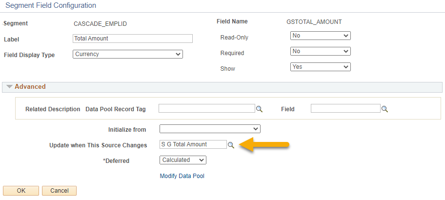 A screenshot of the &#39;Field Details&#39; section of Form Setup showing the &#39;S G Total Amount&#39; SmartSource selected under &#39;Update when This Source Changes&#39;