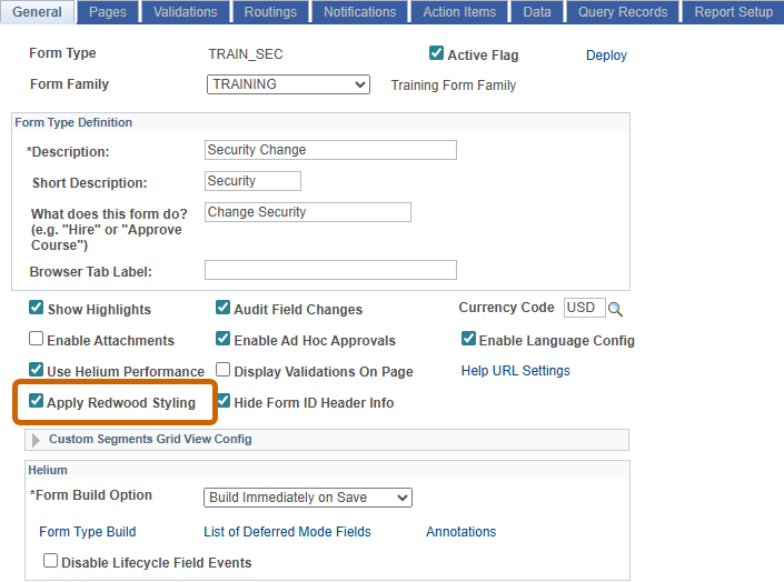 A screenshot of the General tab with Apply Redwood Styling enabled