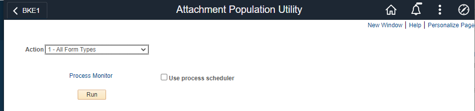 A screenshot of the Attachment Population Utility as it appears when a user has selected &#39;All Form Types&#39; as as the scope for the action.