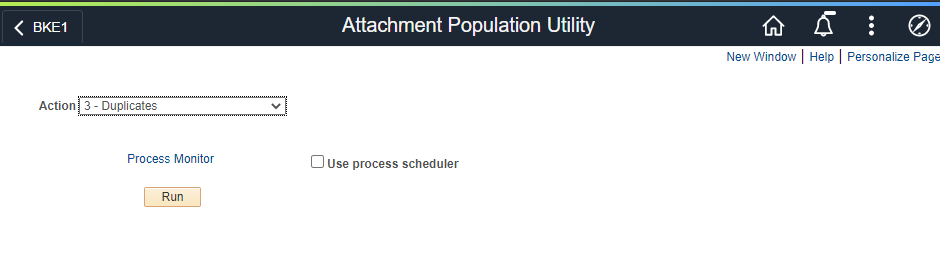 A screenshot of the Attachment Population Utility as it appears when a user has selected &#39;Duplicates&#39; as as the scope for the action.