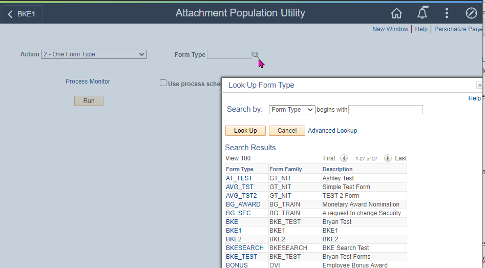 A screenshot of the Attachment Population Utility as it appears when a user has selected &#39;One Form Type&#39; as as the scope for the action.