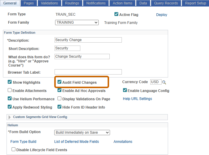A screenshot of the General Tab of Form Setup with the 'Audit Field Changes' checkbox activated