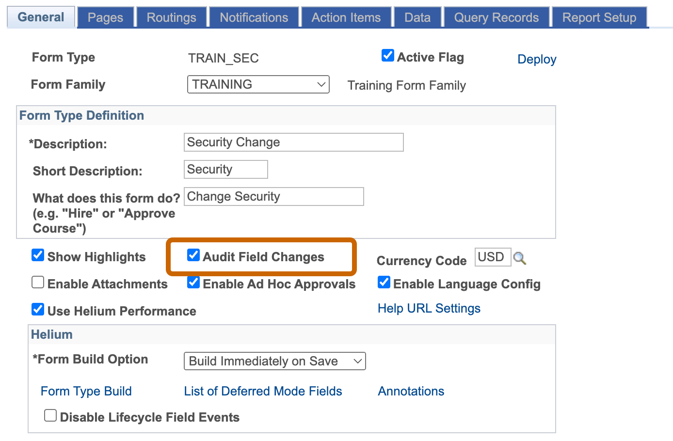 A screenshot of the General Tab of Form Setup with the &#39;Audit Field Changes&#39; checkbox activated