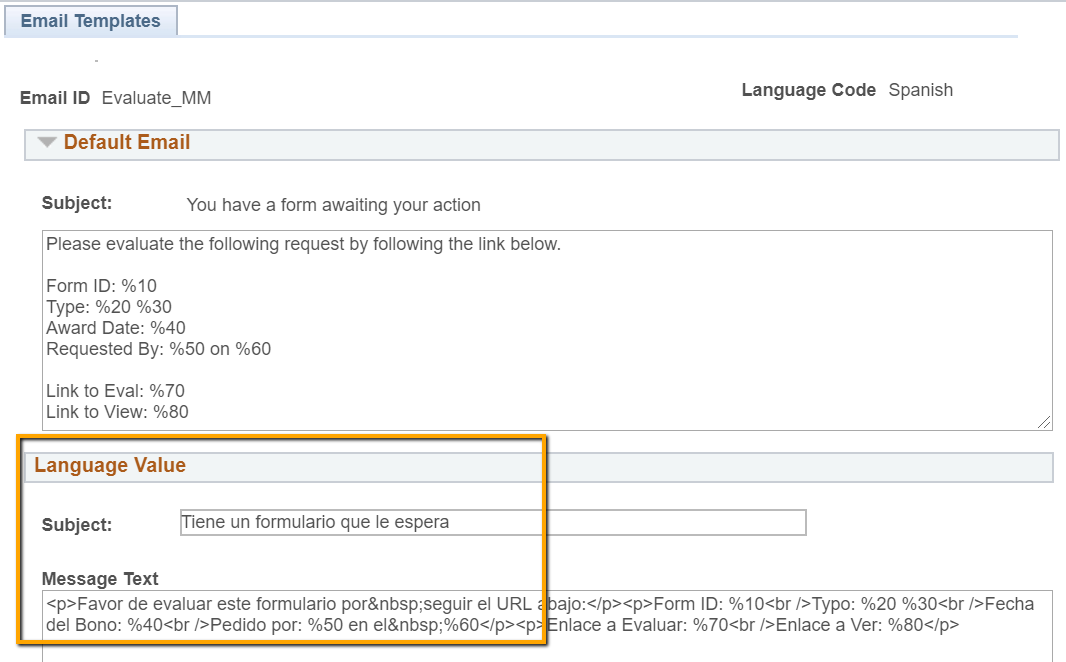 A screenshot of the menu that allows users to provide translations for the subject and message fields of a GT Email Template