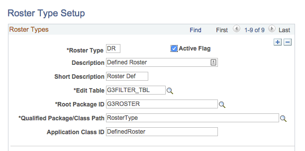 Screen shot of Roster Type Setup