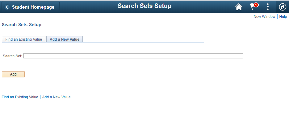 Screen shot of add a new value tab Search Sets Setup