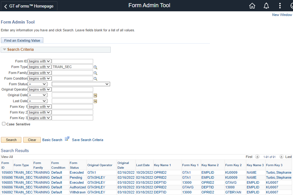 Screenshot Form Admin Tool Search Page