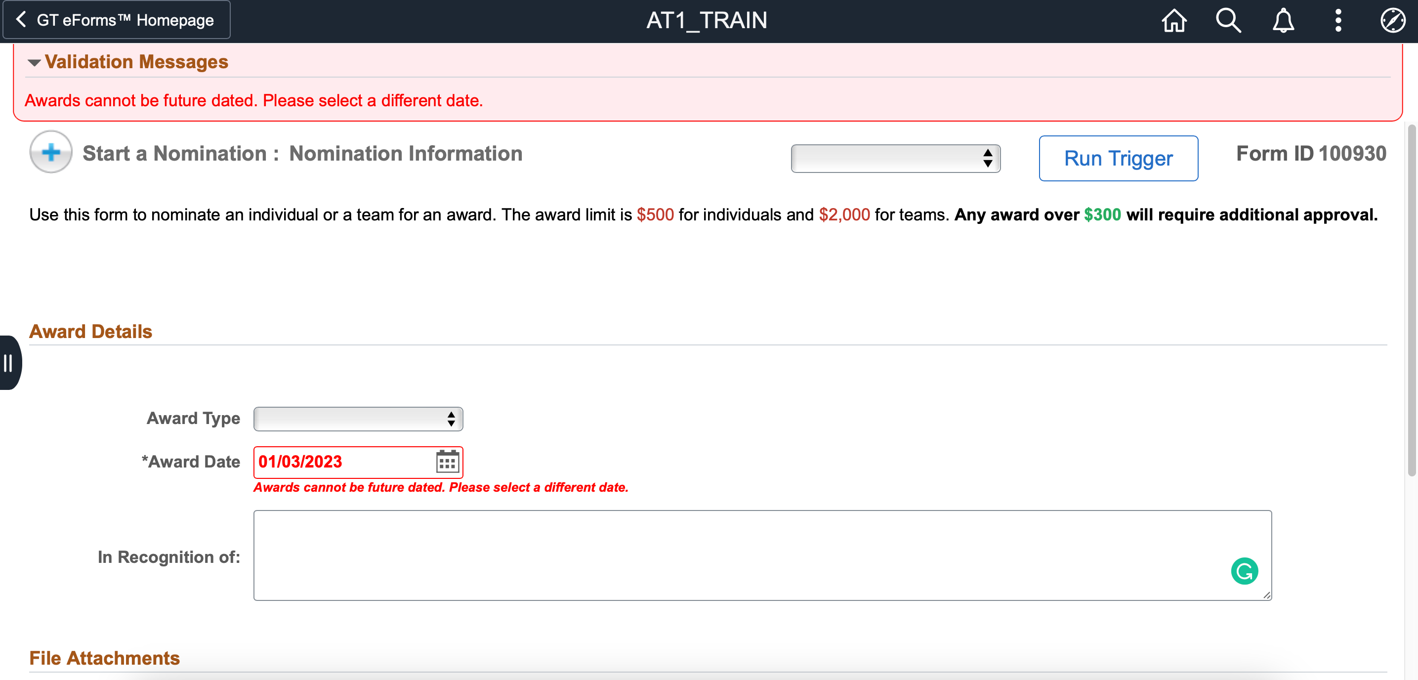 A screenshot showing examples of on-page validations in the form UI