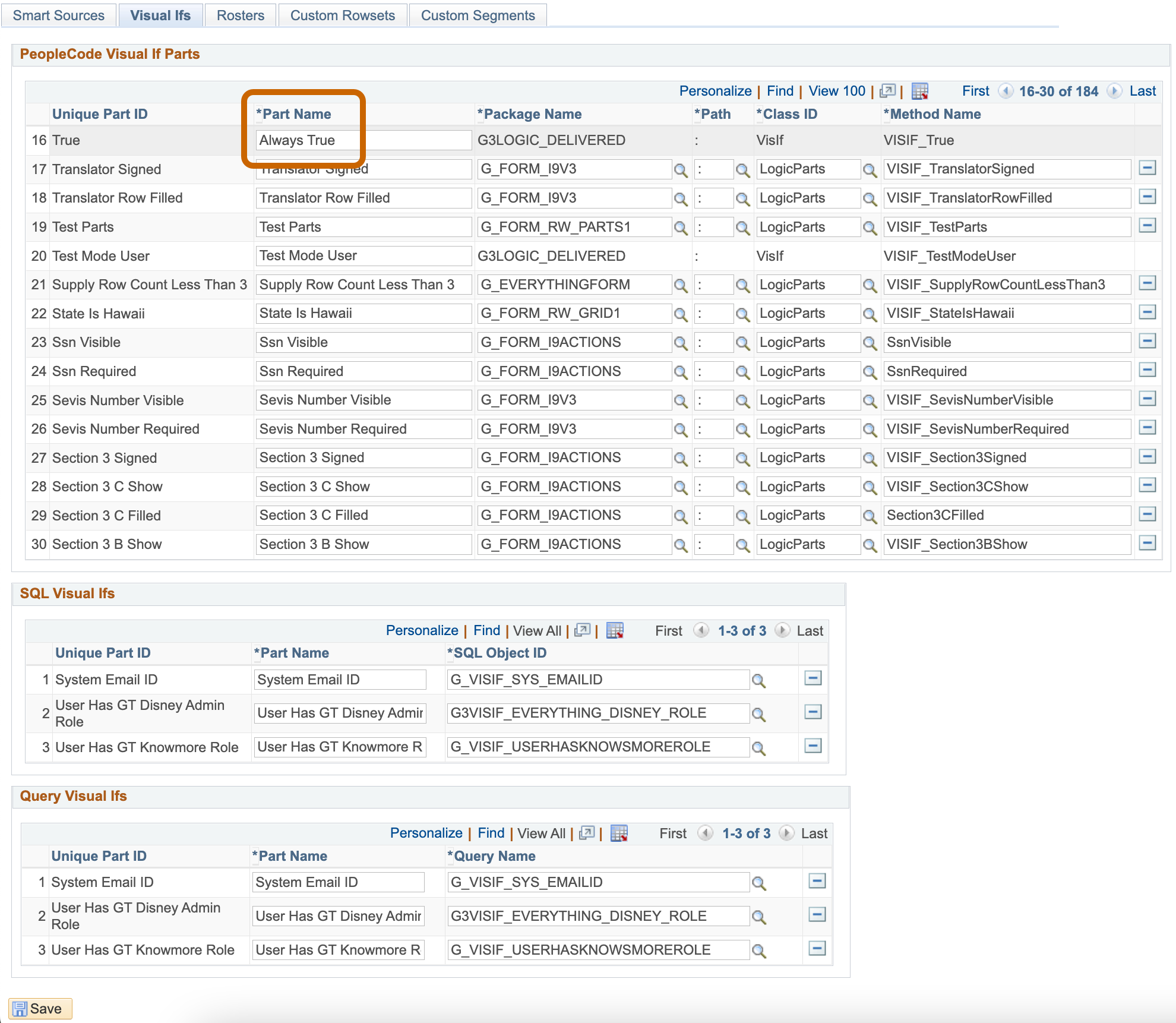 A screenshot of the PeopleCode Visual If Parts menu with the &#39;Always True&#39; Visual If highlighted