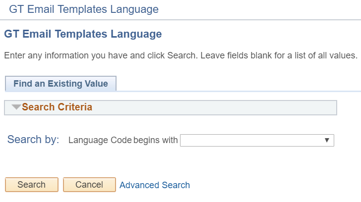 A screenshot of the search page that appears for Language configuration in GT Email Templates