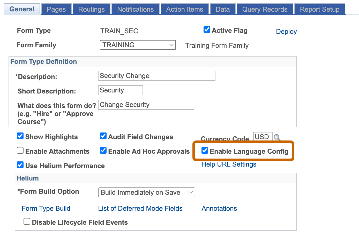 A screenshot of the General Tab of Form Setup with the &#39;Enable Language Config&#39; checkbox activated