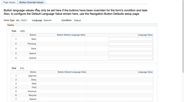 A screenshot of the Button Override Values tab in 'Page Language Setup'
