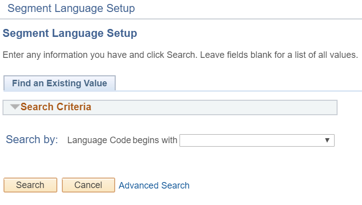 A screenshot of the search page that appears in the Segment Language Setup menu