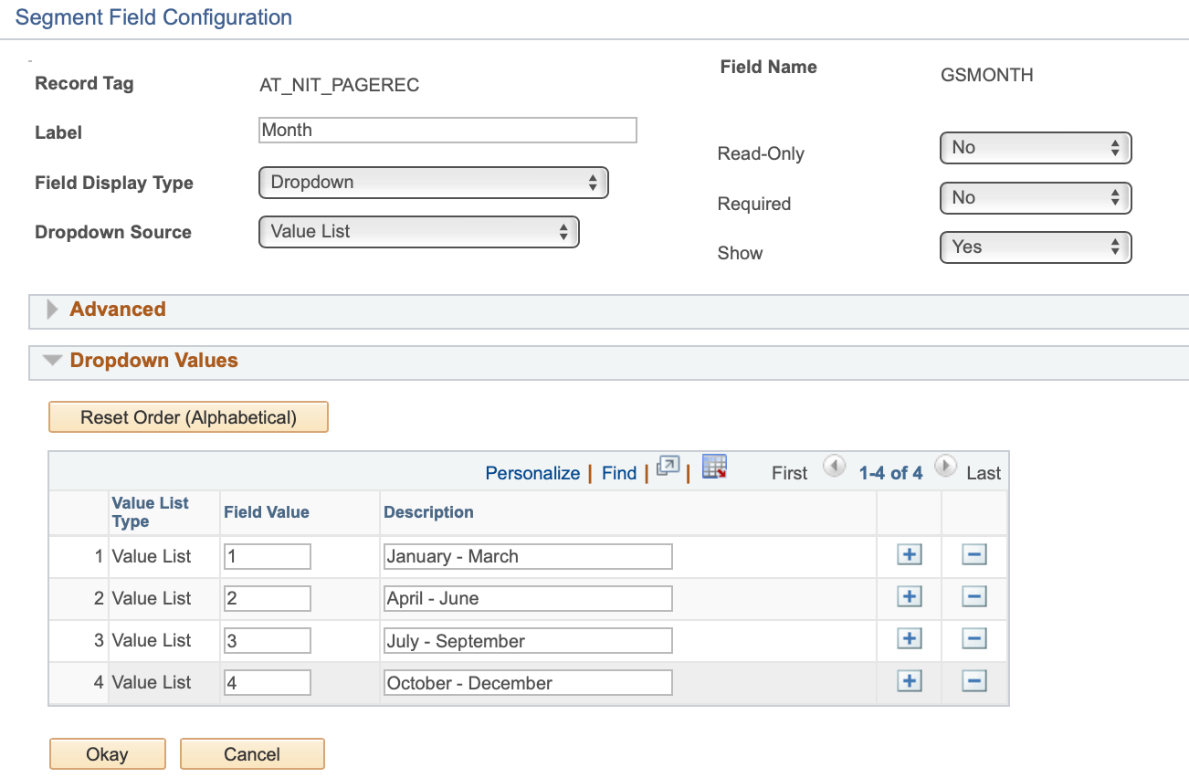 A screenshot of the &#39;Segment Field Configuration&#39; menu with the field set to a Value List