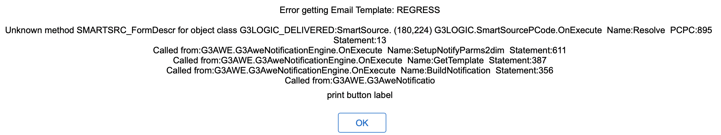 A screenshot showing the error form users get when they try to use the &#39;Form Descr&#39; Smart Source now