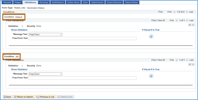 A screenshot of the Validations tab in Form Setup with the Condition labels highlighted.