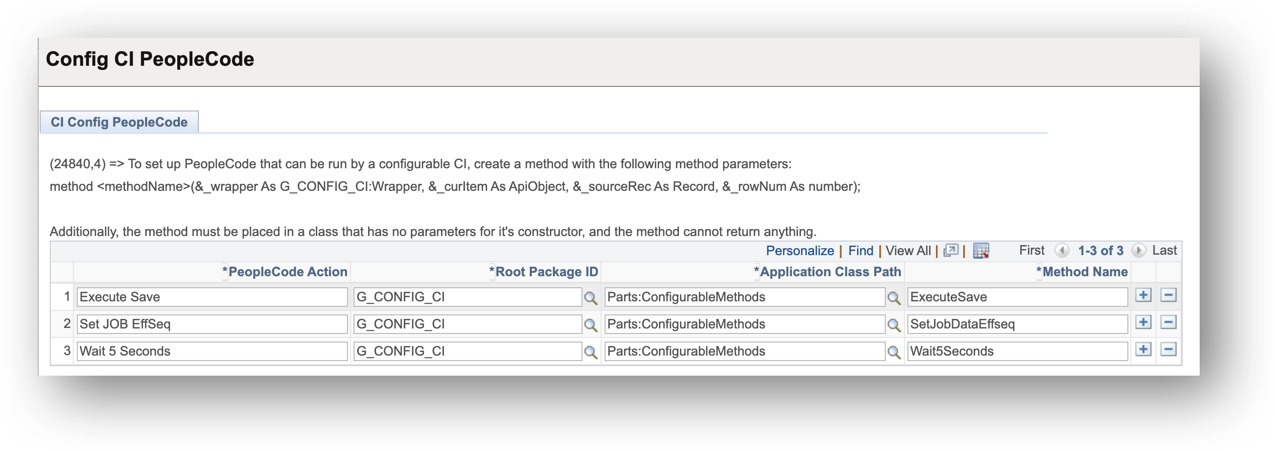 A screenshot showing example PeopleCode actions setup