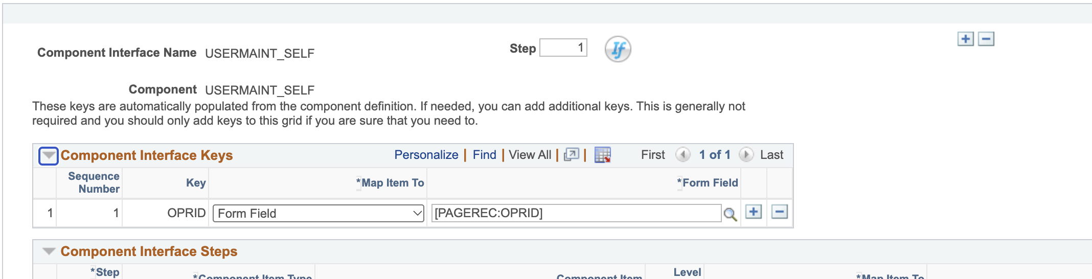 A screenshot of the Configurable CI page with the Component Interface Keys section expanded