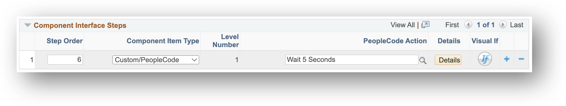 A screenshot showing how to setup a step to run custom PeopleCode.