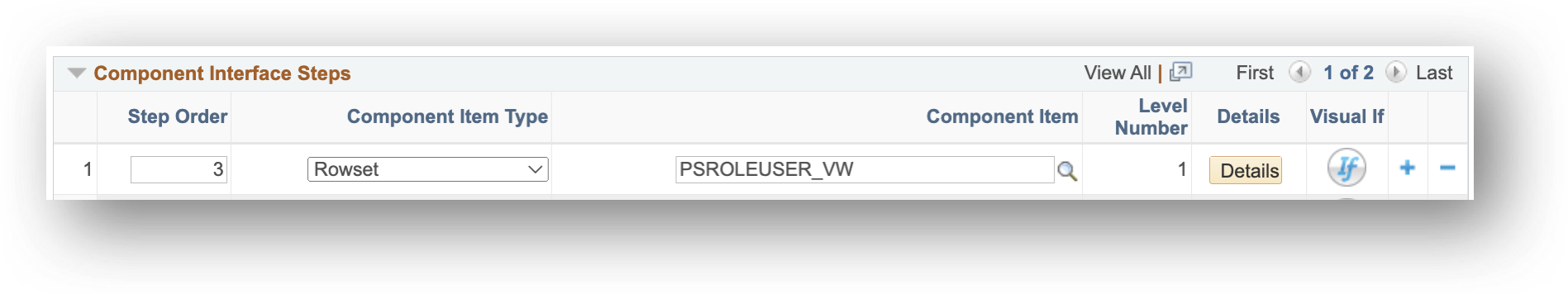 A screenshot showing and example of Component Rowset Setup.