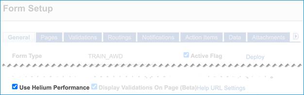 A screenshot of the &#39;Use Helium Performance&#39; checkbox in the Form Setup page