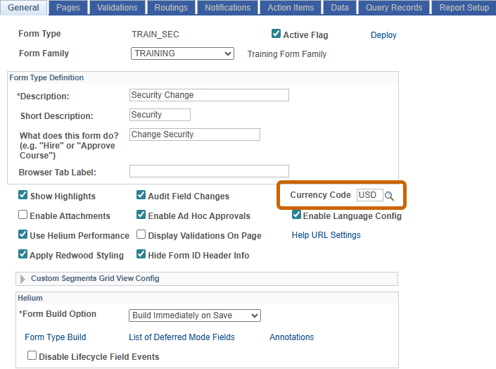 A screenshot of the General Tab of Form Setup with the 'Currency Code' field highlighted