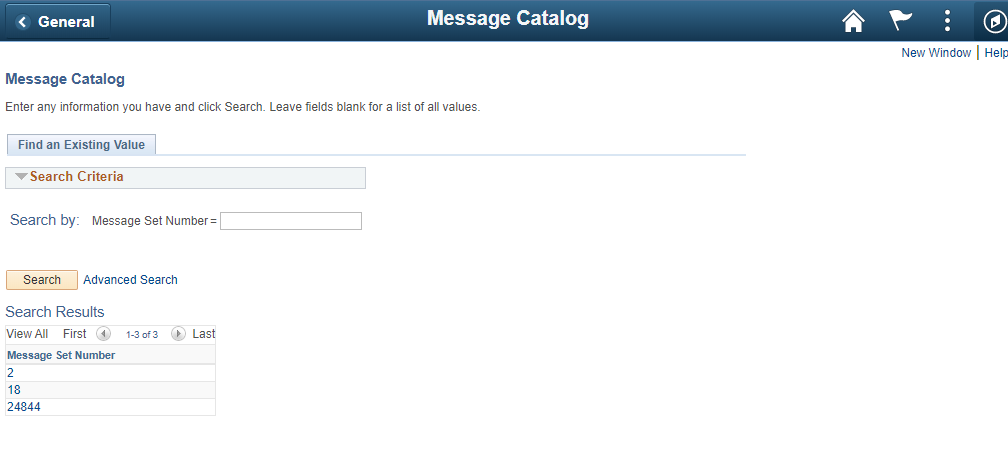 A screenshot of the search page that appears when a user opens the Message Catalog utility