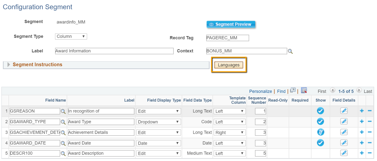 A screenshot of the &#39;Languages&#39; button in the Segment Configuration menu of Form Setup