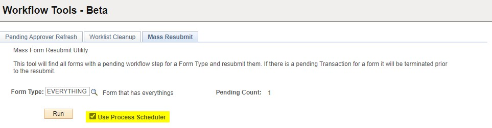 A screenshot showing the option to use the Process Scheduler with the &#39;Mass Resubmit&#39; Workflow Tool