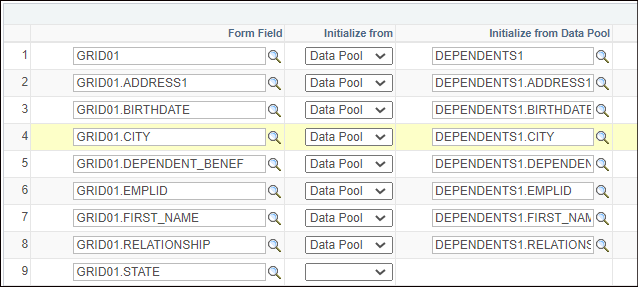 A screenshot of the &#39;Form Field Links&#39; menu in the Data Pool with some fields configured to initialize with values from the Custom Load mentioned in the previous example