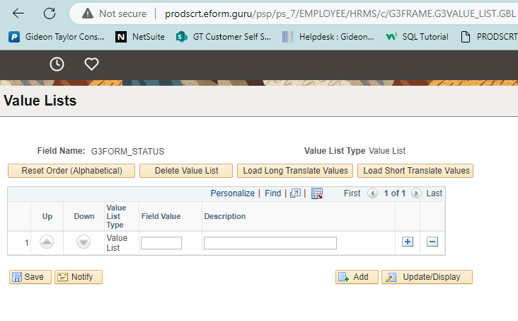 A screenshot of the Value List setup page