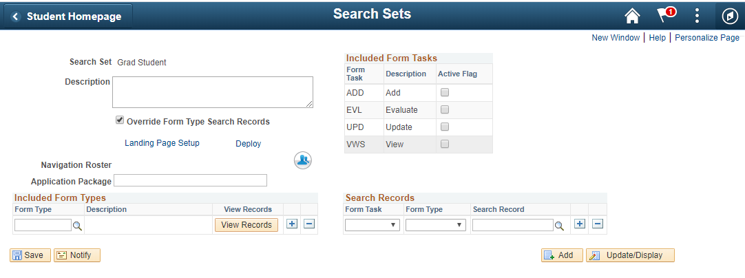 Screenshot of Search Sets Setup page