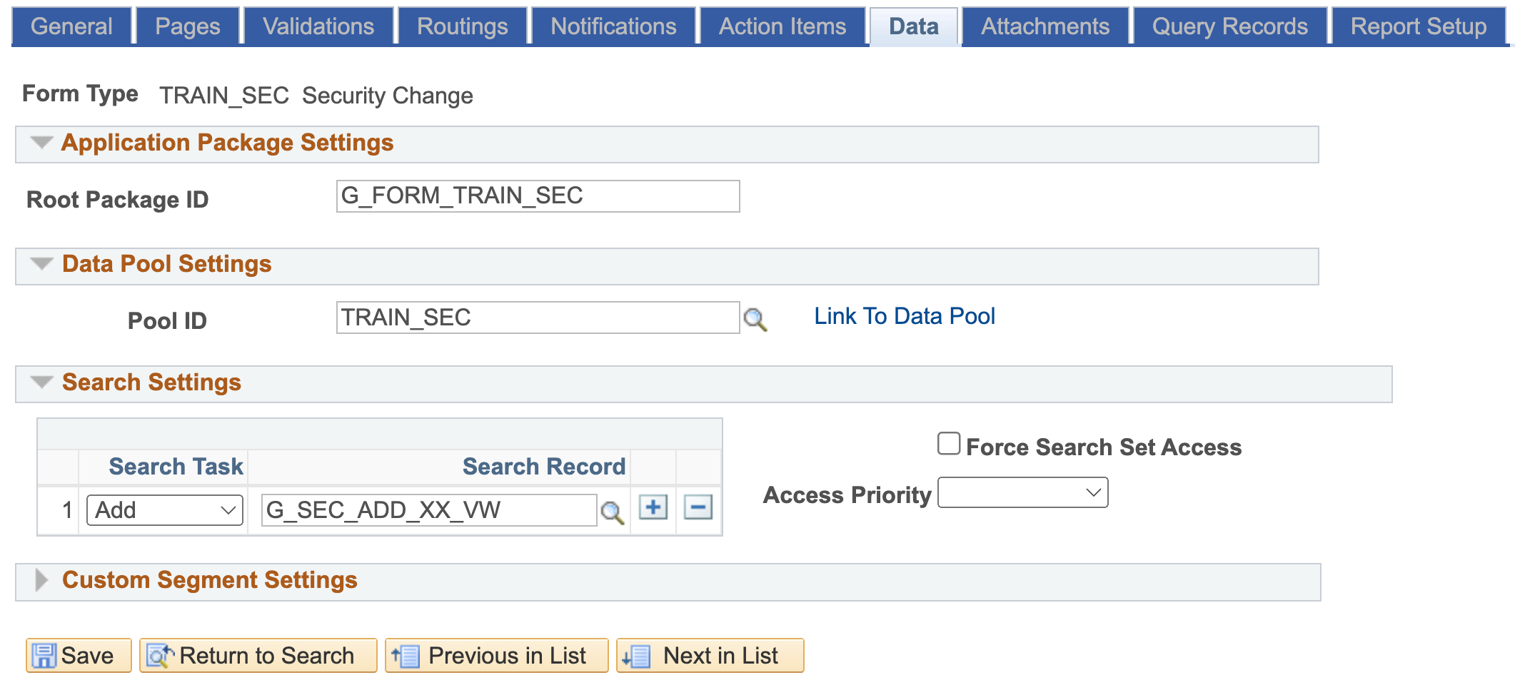 A screenshot of the Data tab in Form Setup