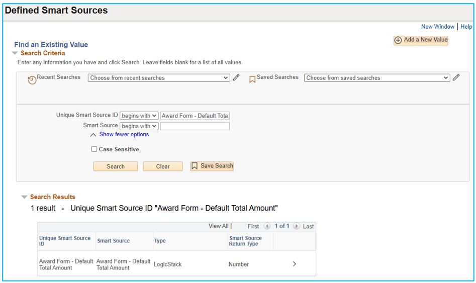A screenshot of the Defined SmartSource existing search page